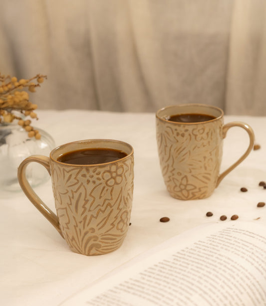 Studio Pottery Wisteria Embossed Porcelain Coffee Mugs - Ivory