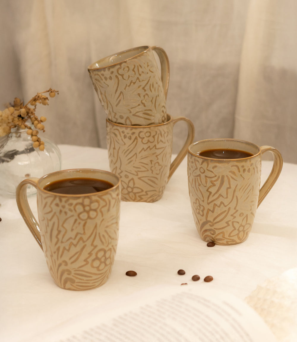 Studio Pottery Wisteria Embossed Porcelain Coffee Mugs - Ivory